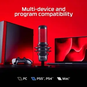 HyperX QuadCast - USB Condenser Gaming Microphone, for PC, PS4, PS5 and Mac, Anti-Vibration Shock Mount, Four Polar Patterns, Pop Filter, Gain Control, Podcasts, Twitch, YouTube, Discord, Red LED