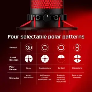 HyperX QuadCast - USB Condenser Gaming Microphone, for PC, PS4, PS5 and Mac, Anti-Vibration Shock Mount, Four Polar Patterns, Pop Filter, Gain Control, Podcasts, Twitch, YouTube, Discord, Red LED