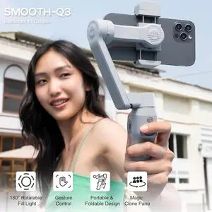 Zhiyun Smooth Q3 Combo, 3-Axis Phone Gimbal with Fill Light and Gimbal Bag, Portable & Foldable, Gesture Control, Video Recording, Auto Tracking Gimbal Stabilizer for Smartphone for iPhone & Android